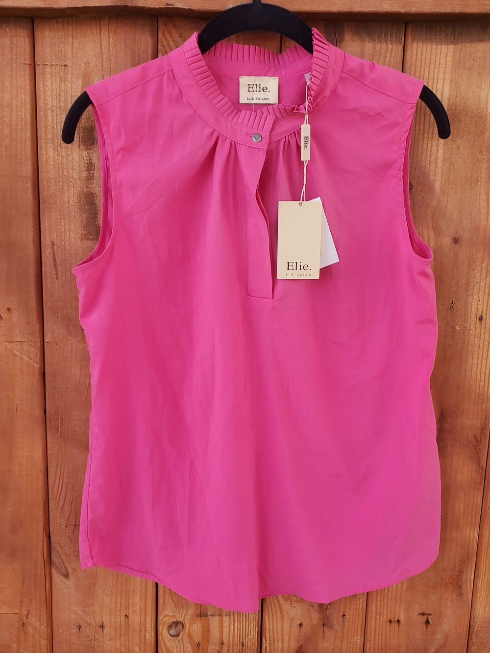 Elie Tahari Bright Pink Pleated-Neck Sleeveless Shell